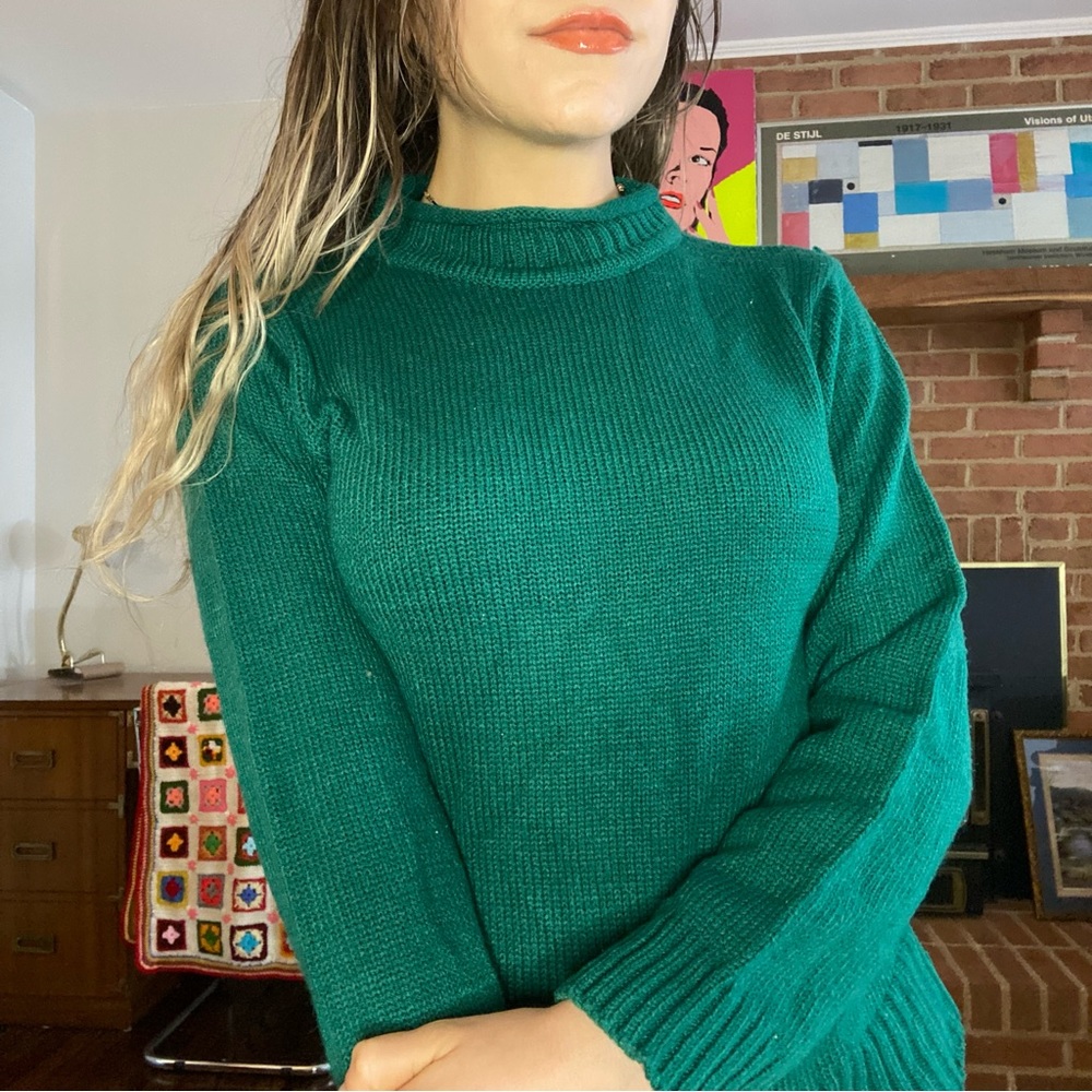 Vintage 90s Lauren Brooke Forest Kelly Ribbed Knit Mockneck Sweater Mock…